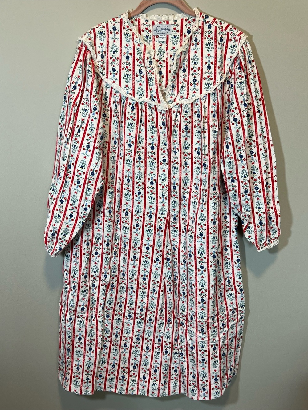 Lanz of Salzburg Tryolean Flannel Nightgown‎ White Red Stripes Ditsy Floral M